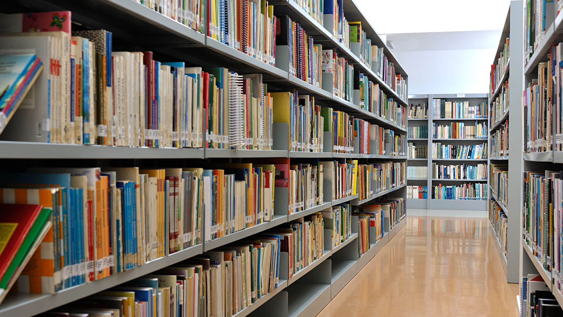 Ein Bild von einem Gang zwischen zwei gefüllten Bücherregalen. Am Ende des Ganges ist ein weiteres Bücherregal zu erkennen.