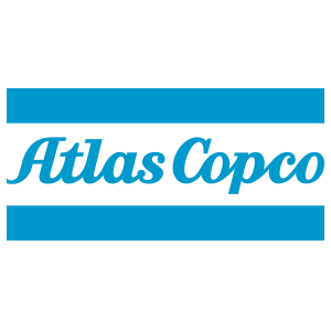 Ein blaues Schriftlogo von Atlas Copco. Über und unter dem blauen Schriftzug sind horizontal liegende, blaue Balken zu sehen.