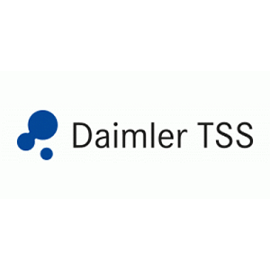 Ein Daimler TSS Logo. Links neben dem grauen Schriftzug „Daimler TSS“ sind drei blaue Kreise in unterschiedlichen Größen zu erkennen.