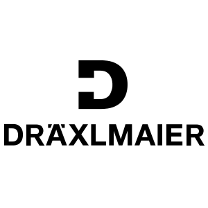 Ein schwarzes Dräxlmaier Schriftlogo. Mittig über dem Schriftzug in Großbuchstaben befindet sich ein großes schwarzes "D".