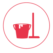 Ein rotes Icon mit einem schmalen Außenkreis, in dem ein Eimer abgebildet ist, neben dem ein Besen steht.