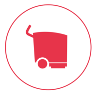 Ein rotes Icon mit einem schmalen Außenkreis, in dem eine professionelle Scheuersaugmaschine abgebildet ist.