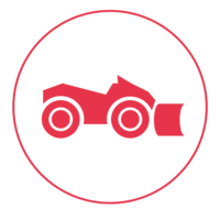 Ein rotes Icon mit einem schmalen Außenkreis, in dem ein Räumfahrzeug mit einer Schneeschaufel am vorderen Teil abgebildet ist.