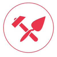 Ein rotes Icon mit einem schmalen Außenkreis, in dem sich ein Hammer und ein Spachtel überkreuzen.