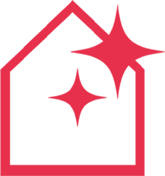 Ein rotes Icon mit einem Haus und zwei Glanzsternen, die ein Glänzen symbolisieren.