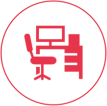 Ein rotes Icon mit einem schmalen Außenkreis, in dessen Mitte ein Bürostuhl und ein Schreibtisch mit einem Monitor abgebildet sind.