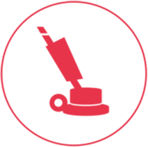 Ein rotes Icon mit einem schmalen Außenkreis, in dessen Mitte eine professionelle Maschine zur Bodenreinigung abgebildet ist.