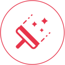 Ein rotes Icon mit einem schmalen Außenkreis, in dessen Mitte ein Fensterabzieher abgebildet ist. Dieser hinterlässt eine glänzende Spur.