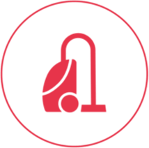 Ein rotes Icon mit einem schmalen Außenkreis, in dessen Mitte ein roter Staubsauger abgebildet ist.