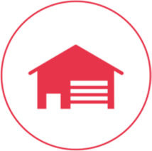 Ein rotes Icon mit einem schmalen Außenkreis, in dessen Mitte ein Haus abgebildet ist. An der vorderen Hauswand sind Jalousien angebracht.
