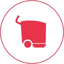 Ein rotes Icon mit einem schmalen Außenkreis, in dem ein roter Putzwagen zur Sonderreinigung abgebildet ist.