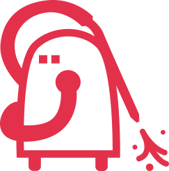 Ein rotes Icon von einer Sprühflasche mit drei Sprühpunkten auf der linken Seite und einem Plus auf der rechten Seite, etwas oberhalb des Sprühkopfes.